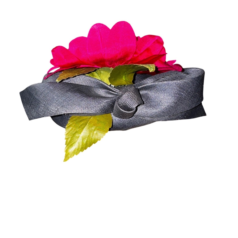Frank Olive Saks Fifth Avenue Vintage Blue Pillbox Hat Pink Flower Bow Accent